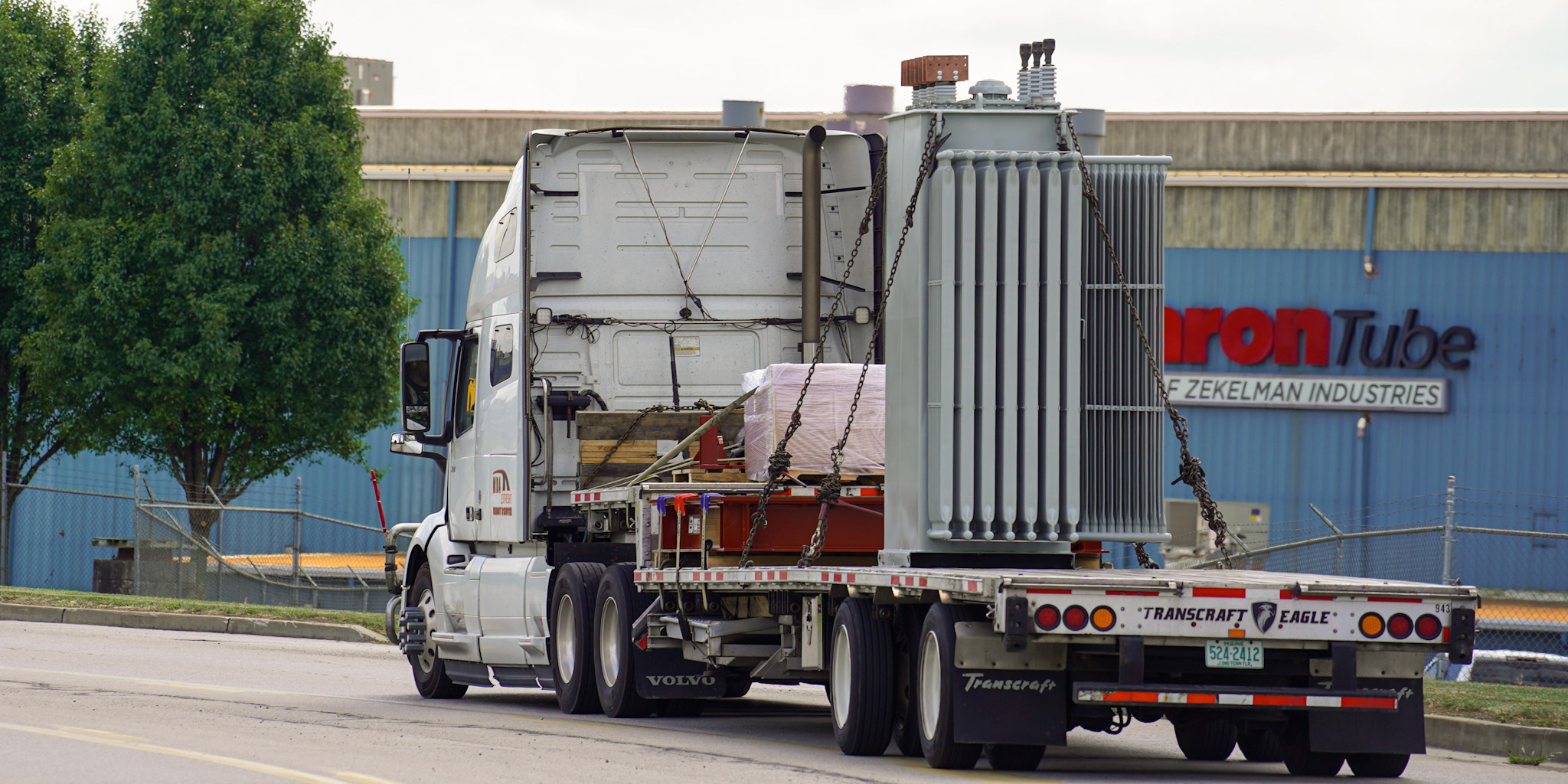 Distribution transformer arriving on a flatbed