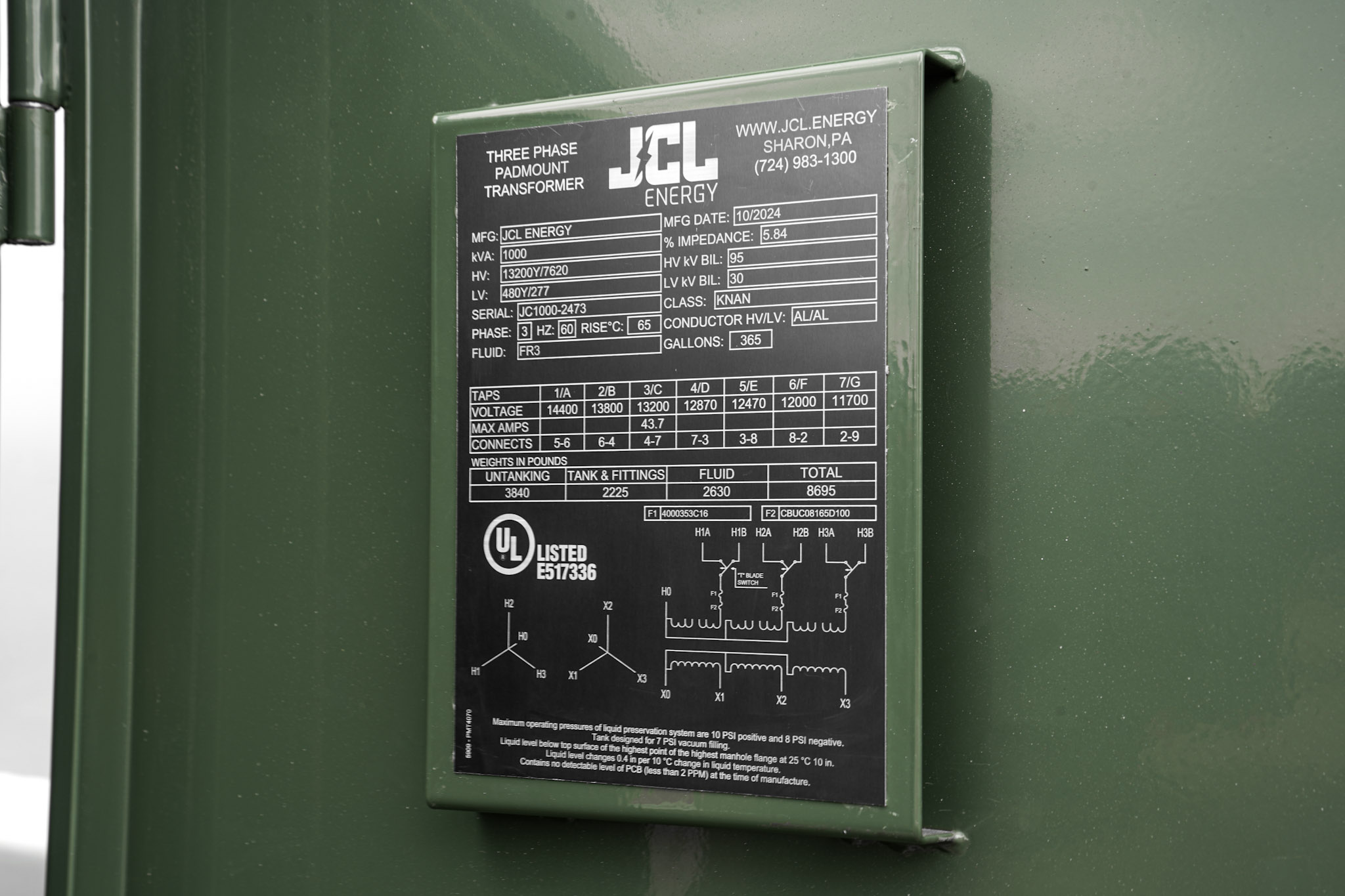 JCL padmount transformer nameplate on the cabinet door