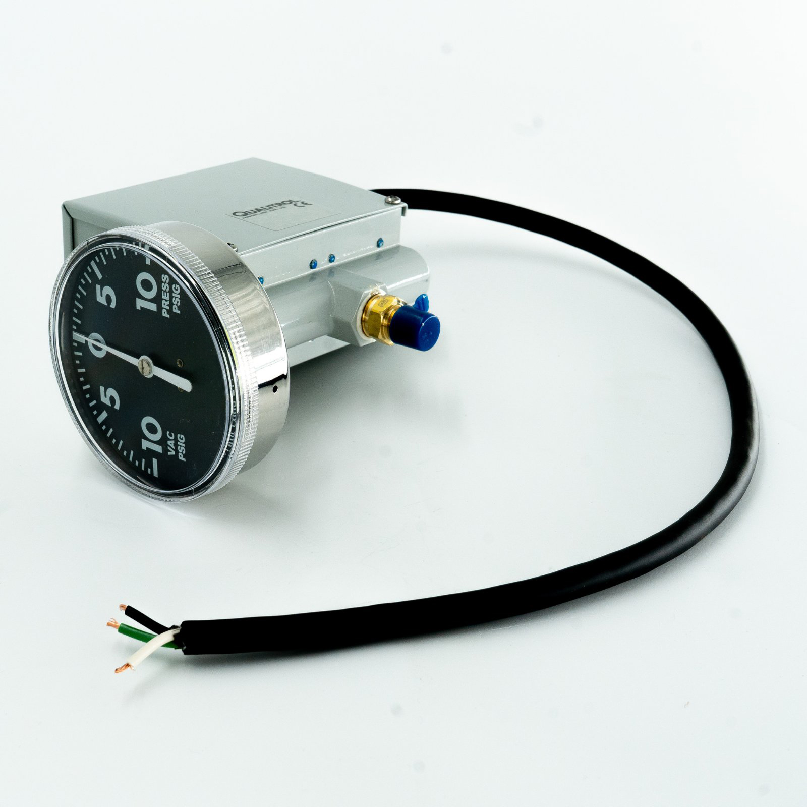 Vacuum-pressure gauge with alarm contact box and wire leads