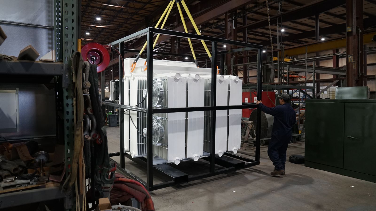 A caged JCL rental unit lifted for emergency dispatch