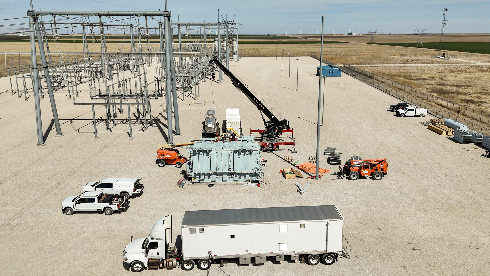 Aerial view of a JCL substation transformer mobilization in progress