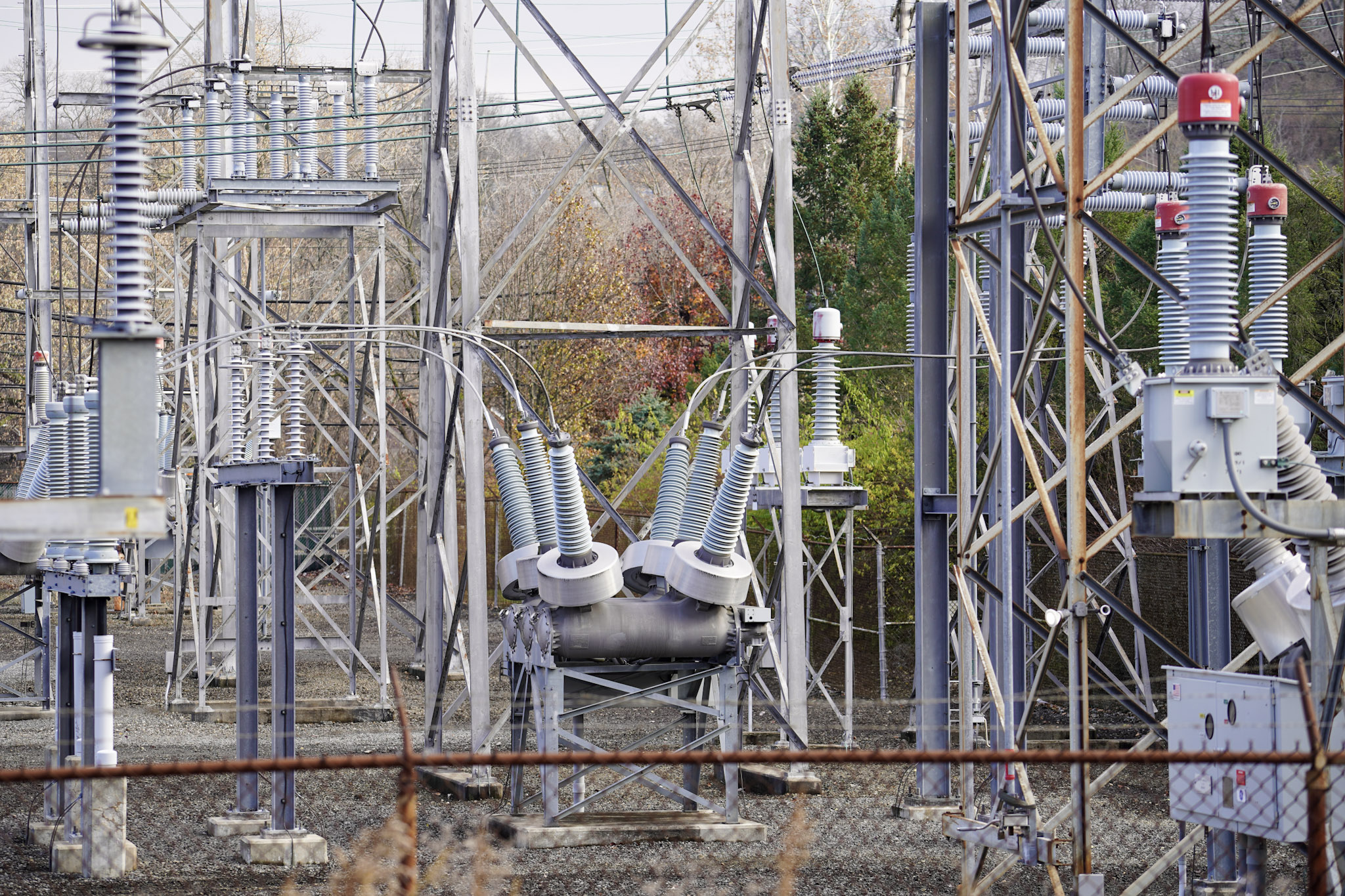 An energized utility substation with breakers and instrument transformers